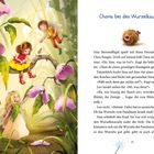 Text: Chaos bei den Wurzelknurzeln.  
Illustration: Drei Feen in bunten Kleidern und Gummistiefeln auf Ästen zwischen rosa Blüten.