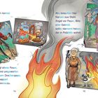 Texte: "Was ist noch normal in Potzblitz?", "Alle brauchen hier Nerven aus Stahl." Illustrationen von Personen und einem feuerspeienden Drachen.