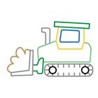 Illustration eines Bulldozers im Umrissstil mit bunten Linien: grün, gelb, blau, grau und braun.