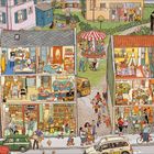 "Elektro-Fix", "Kaufladen", "Eis". Illustration von einem belebten Straßenzug mit Geschäften, Wohnungen und Menschen.