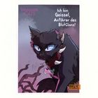 "Ich bin Geissel, Anführer des Blutclans!" Illustration einer schwarzen Katze mit Halsband und scharfen Zähnen, pink-blauer Hintergrund.