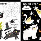 Links: Text über Spinnennetz, Fledermäuse, Kessel. Rechts: Mond, Sterne, Schwan, Eisbär, Schneemann. Schwarz-Weiß-Kontrast.