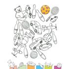 Zählen: Spielzeug wie Bälle, Autos, Kegel. Darunter Kästchen mit Zeichnungen, eines beschriftet mit "1".