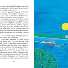 Text: 

„Die grüne Meeresschildkröte dagegen passte ihre Bewegungen den Wellen optimal an und kam daher schneller vorwärts als ich.“

Illustration: Schwimmer im blauen Wasser, Sonne, Schildkrötenpanzer, Haus am Ufer.