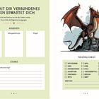 Texte: "DEIN MIT DIR VERBUNDENES WESEN ERWARTET DICH", "AUSSEHEN", "SCHWANZFORM", "SCHUPPENFARBE(N)", "FLÜGEL", "STÄRKE", "PERSÖNLICHKEIT". Illustration eines Drachens.