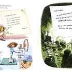 Sophies Brief sagt, das Monster soll keine Horrorfilme sehen. 

Illustration: Sophie mit lockigem Haar, schläft im Sessel. Monsterhöhle mit Knochen und Fisch.