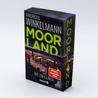 Buchcover mit "Andreas Winkelmann", "Moorland", "Die Zwillinge", "Thriller", und "Spiegel Bestseller Autor" Text.