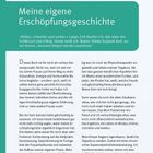 Seite 8, "Meine eigene Erschöpfungsgeschichte". Motto: "Höher, schneller und weiter." Reflexion über Balance.