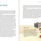 "Der Ernte-Streit" oben, "Begriff 'Opfer'" erklärt Geschenke an Gott. Illustration eines Altars und Erntegaben, Fragezeichen-Icon.