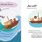 "Jesus stillt den Sturm", "Hui!", "Kawusch!", "Hilfe!", "Rette uns", "Sei still", "Vertraut auf Gottes Hilfe". Illustration eines Boots.