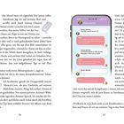 Auf Seite 56-57 eines Buches gibt es einen Chatverlauf auf einem Smartphone. Links steht Text über einen Selfieversuch.
