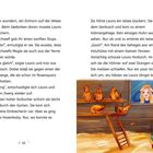 Seite voll Text über Laura, die ein Einhorn sieht. Illustration: Hühner im Stall und Mädchen am Fenster.