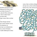 „Spurensuche“, Text über Geisterpferd, Justus, Peter, Bob. Labyrinth mit Buchstaben. Figuren am Rand.