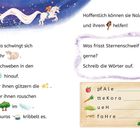 Texte beschreiben Lauras Flug auf einem Einhorn. Rätsel mit Bildern: Apfel, Karotte, Heu, Hafer. Illustration oben links.
