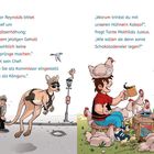 Links: Kommissar und Känguru in Polizei-Uniform. Rechts: Kind trinkt Kakao, Hühner auf dem Tisch.