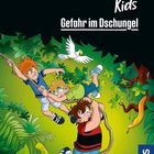 "Die drei ??? Kids: Gefahr im Dschungel." Eine Illustration von drei Kindern im Dschungel an Lianen schwingend.
