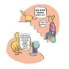 Eine Illustration: Ein Mädchen spricht auf einer Treppe; eine Katze antwortet unten mit vorwurfsvollen Kommentaren.