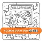 Logo mit Text: "AUSMALBUCH VON ViviTinta". Illustration mit Hase an einem dekorierten Stand, Herbstmotive.