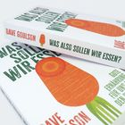 Buchtitel: "Was also sollen wir essen?" von Dave Goulson. Illustration: Karotte.