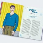 Text: "PEDRO PASCAL SCHAUSPIELER" und Zitat über trans Menschen. Links eine Illustration eines lächelnden Mannes.