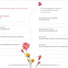 Auf der linken Seite steht: "Bemühe Dich nicht, alles wissen zu wollen, sonst lernst Du nichts. - Euripides". Rechts: "Es sind die Begegnungen mit Menschen, die das Leben lebenswert machen. - Guy de Maupassant". Es folgt eine Seite mit Kategorien: "Dankbarkeit schenkt Lebensglück", "Wundervolles für den Tag", "Meine Vision", "Zum Feiern", und es gibt Blumenillustrationen unten.