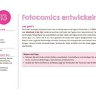 "Fotocomics entwickeln" steht oben. Es folgen Anweisungen zum Erstellen von Comics in Gruppen. Materialliste links.