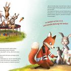 Ein roter Fuchs in Uniform spricht mit besorgten Hasen. Kinder auf einem Trampolin, ein Hase scheint verletzt.