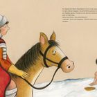 Text erwähnt Martin im Wachdienst. Illustration zeigt Ritter auf einem Pferd, das einen frierenden Mann sieht. Schneebedeckter Boden.