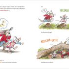 Rita im Sauseschritt; springen über Maulwurfshügel; kriechen unter Bäumen. Känguru und Maus in Bewegung, Popcorn-Gedanken.