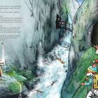 Text: "Achtung Rutschgefahr". Tiere wandern durch eine Schlucht. Wasserfälle und Felsen umgeben sie. Eine Brücke ist sichtbar.