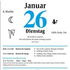 Ist ein Kalenderblatt für den 26. Januar 2027. Enthält Informationen zur Mondphase, Aktivitätenempfehlungen und Sternzeichen.