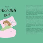 Text: Teil 2: Erhol dich gut. Illustration: Eine Person schläft, umgeben von fallenden Blättern auf grünem Hintergrund.
