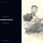 Text: JAZZ GUITAR PLAYER. Zeichnung eines Mannes mit Gitarre. Dunkle Linien und skizzenhafte Details.