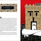 "HAMLET" in elegantem Text oben. Links Textauszug: Der König von Dänemark ist tot. Rechts: Illustration einer Festung.