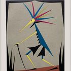 Abstrakte Illustration: Vogelartige Figur mit gelbem Kopf, bunten Federn und Stock auf grau-braunem Hintergrund.