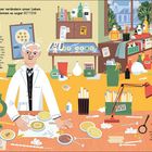 Illustration eines Labors. Text beschreibt, wie A. Fleming 1928 Penicillin entdeckte, da Schimmel Bakterienwachstum stoppte.