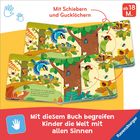 „Mit Schiebern und Gucklöchern“ steht oben. Ein Kinderbuch zeigt bunte Vögel, Blätter und Tiere im Wald.