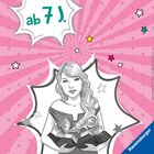 "ab 7 J." oben, "Ravensburger" unten. Illustration: Frau mit Trophäen auf pinkem Hintergrund mit Sternen.