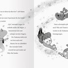 Zwei comicartige Figuren, ein Kind und ein Hund, schweben zu einer Teekanne voller Sterne. Text beschreibt ein magisches Abenteuer.