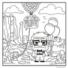 Das Logo zeigt einen ernsten Mann mit Brille, der Ballons hält. Eine fliegende Hütte hängt an vielen Ballons.