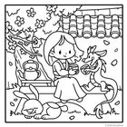 Illustration eines Kindes mit Drache, Tee trinkend unter blühendem Baum. Ein Hase schläft friedlich daneben.