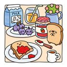 "Milk" auf Karton, Marmeladenglas mit Erdbeeretikett, weinende Toastscheibe, animiertes Frühstücksstillleben.