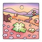 Ein grünes Kleeblatt lächelt neben einem offenen Buch. Pinke Blumen, Schafe, ein Windrad und Berge bei Sonnenuntergang.