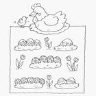 Wie viele Ostereier in jedem Nest? Verbinde mit Würfelbild. Henne, Küken, vier Nester, Tulpen, fünf Würfelsymbole.