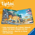 Logo "tiptoi", oben weiß. Text: "Erstes Sachwissen ab 2 Jahren, liebevoll erklärt; mit Hörspiel und Lied". Kinderbuch mit Dinosauriern.