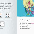 Kannst du diese Wörter lesen? Die Zaubersiegerin. Da kommt die kleine Aquaria. Sie ist so mutig! Sie will helfen. Ist sie stark genug? Illustration: Mehrere Meerjungfrauen, eine leuchtet.