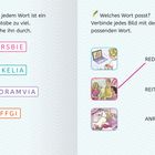 Links: Wörter mit je einem überflüssigen Buchstaben. Rechts: Bilder, die mit Wörtern wie REDEN und REITEN verbunden sind.