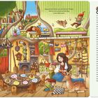 Texte: "Kannst du alle sieben Zwerge entdecken? Zähle 1 bis 7." "Wer klopft ans Fenster vom Zwergenhaus?" "Tippe auf das Schloss..."

Illustration: Ein Baumhaus voller Zwerge, Tiere und eine schlafende Frau. Es herrscht eine gemütliche Atmosphäre mit vielen Details.