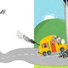 Text: "Strauß!" Ein gelber Bus fährt in ein Vogelbein. Maus schaut überrascht. Hintergrund: Straße, Hügel, Sonne.