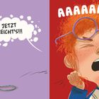 Links: "Jetzt reicht's!!!" in einer Sprechblase auf lila Hintergrund. Rechts: Ein Kind mit rotem Haar schreit "AAAAAA!!!".